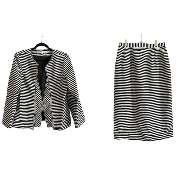 Donna Vinci Dresses & Skirts - DONNA VINCI Black White Striped Church Suit Skirt Jacket Set Rhinestone Trim 14